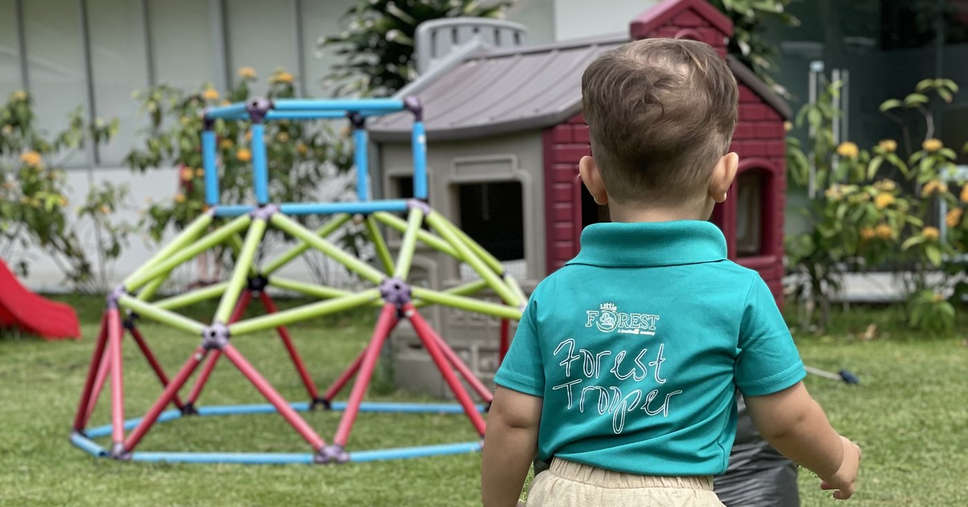 A toddler in a green Little Forest Forest Troopers polo shirt, seen from behind, walking across the grass towards a climbing frame