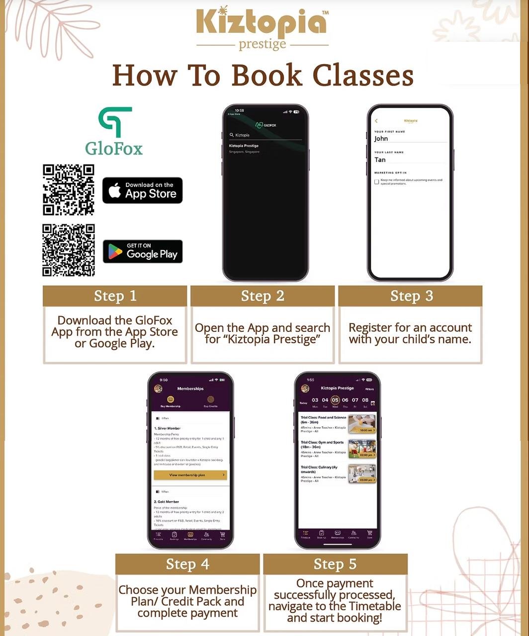 Step-by-step guide to booking a Little Forest trial at New Bahru (Kiztopia Prestige): download the GloFox app, search Kiztopia Prestige, register, choose a plan, and book from the timetable